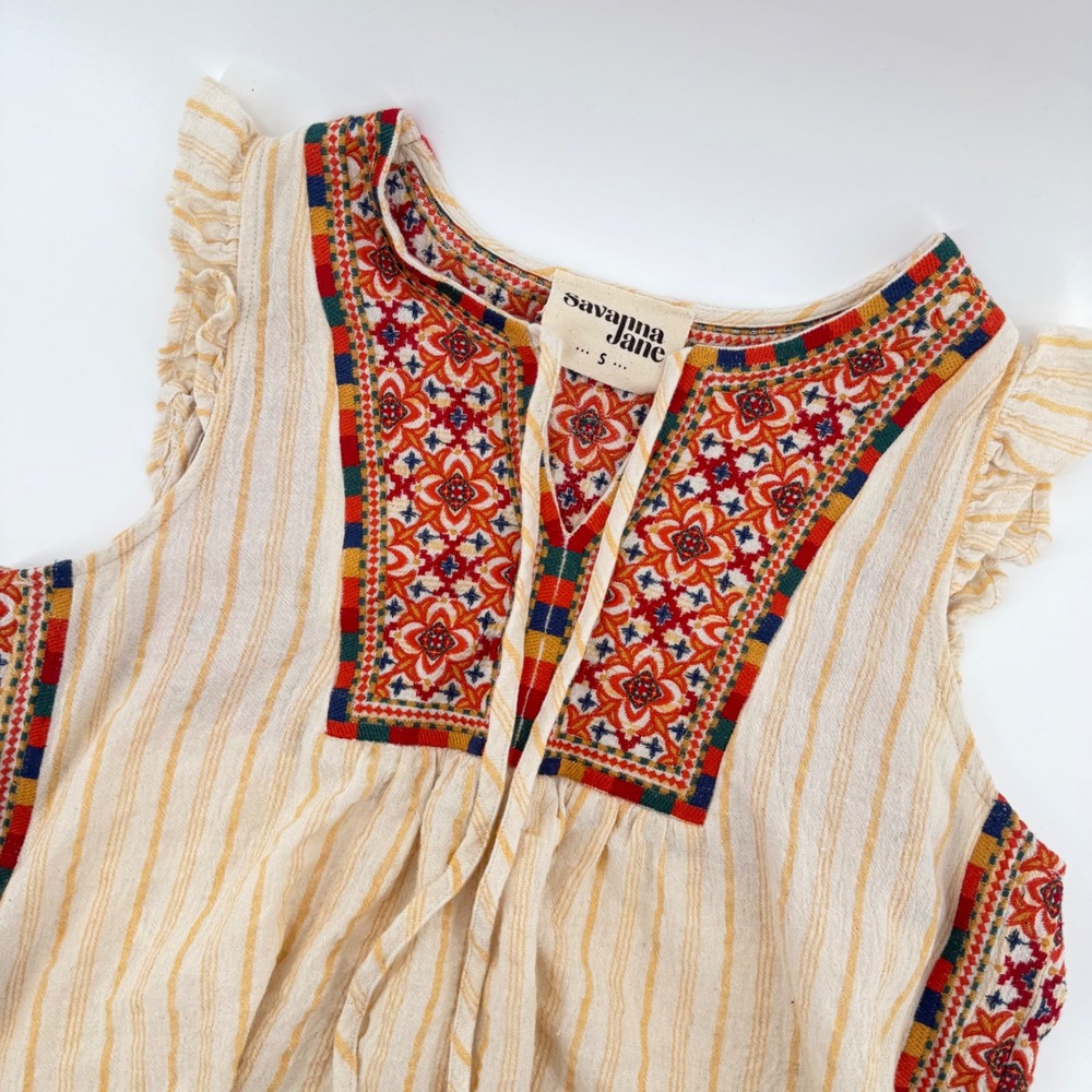 Savana Jane Embroidered Boho Tassel Tunic Top Women's Size‎ Small Cream
